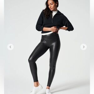SPANX Black Faux Leather Leggings Size Large Petite